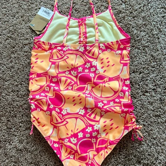 Tropical Pink and Orange Girls One Piece Bathing Suit - Picture 2 of 2